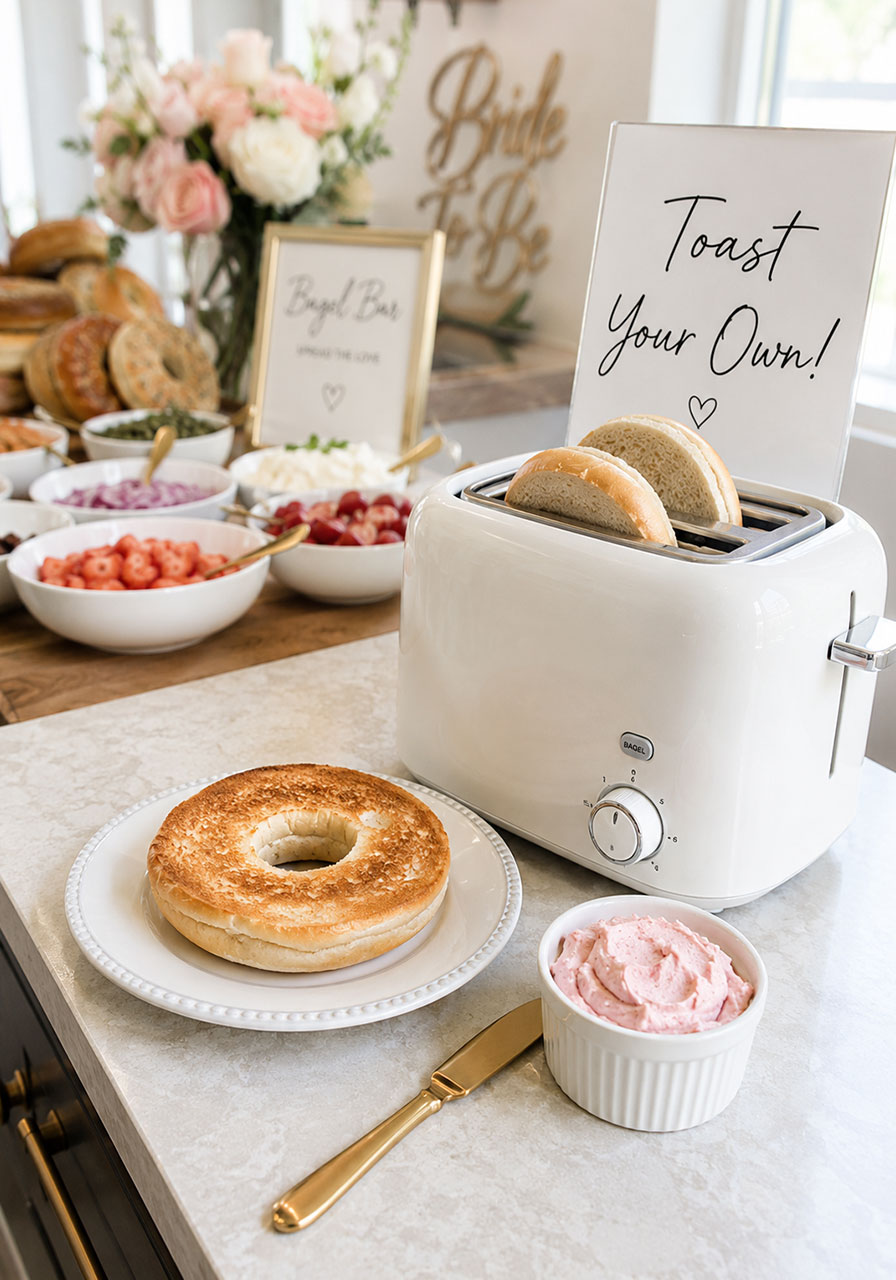 Toasted to order bagel station with small toaster and cream cheese at a bridal shower bagel bar