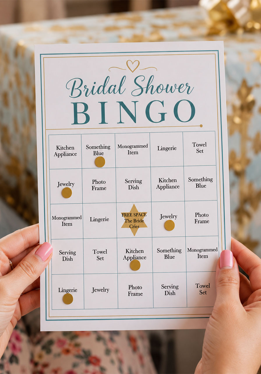 Bridal shower BINGO card with teal and gold design held during gift opening – fun at-home bridal shower game idea