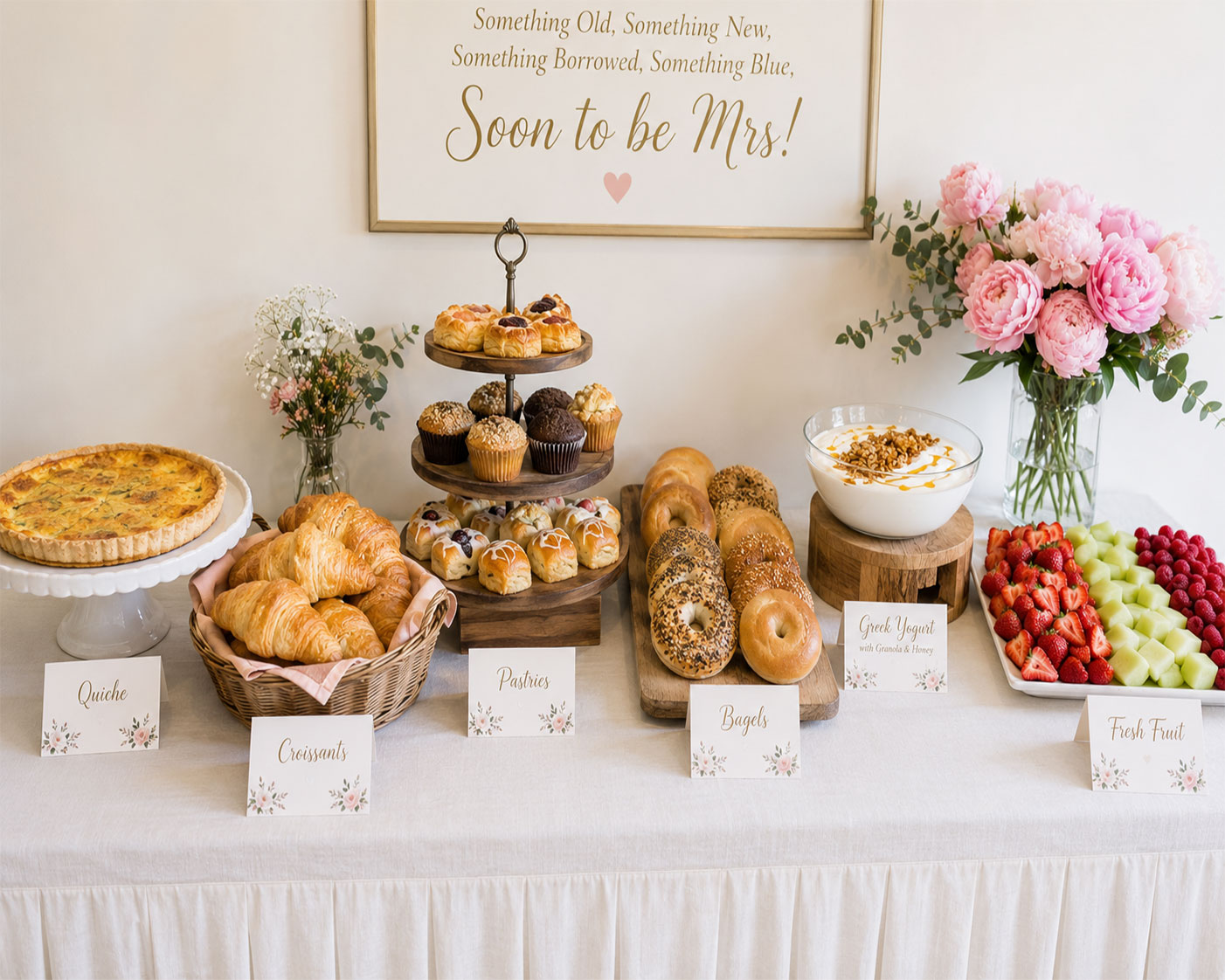 Elegant bridal shower brunch buffet spread with quiche, pastries, and fresh fruit