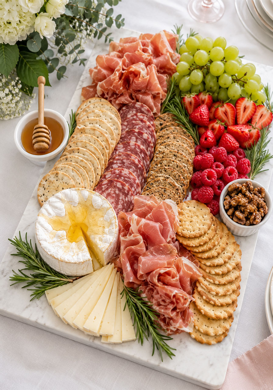 Abundant bridal shower charcuterie board with brie, prosciutto, fruit, and crackers on marble slab