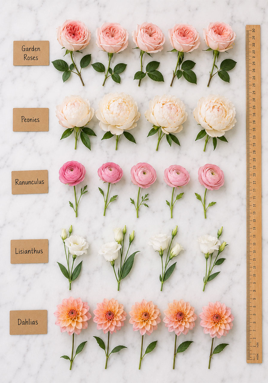 Five focal flower options for bridal shower flower bar including garden roses peonies ranunculus lisianthus and dahlias flat lay