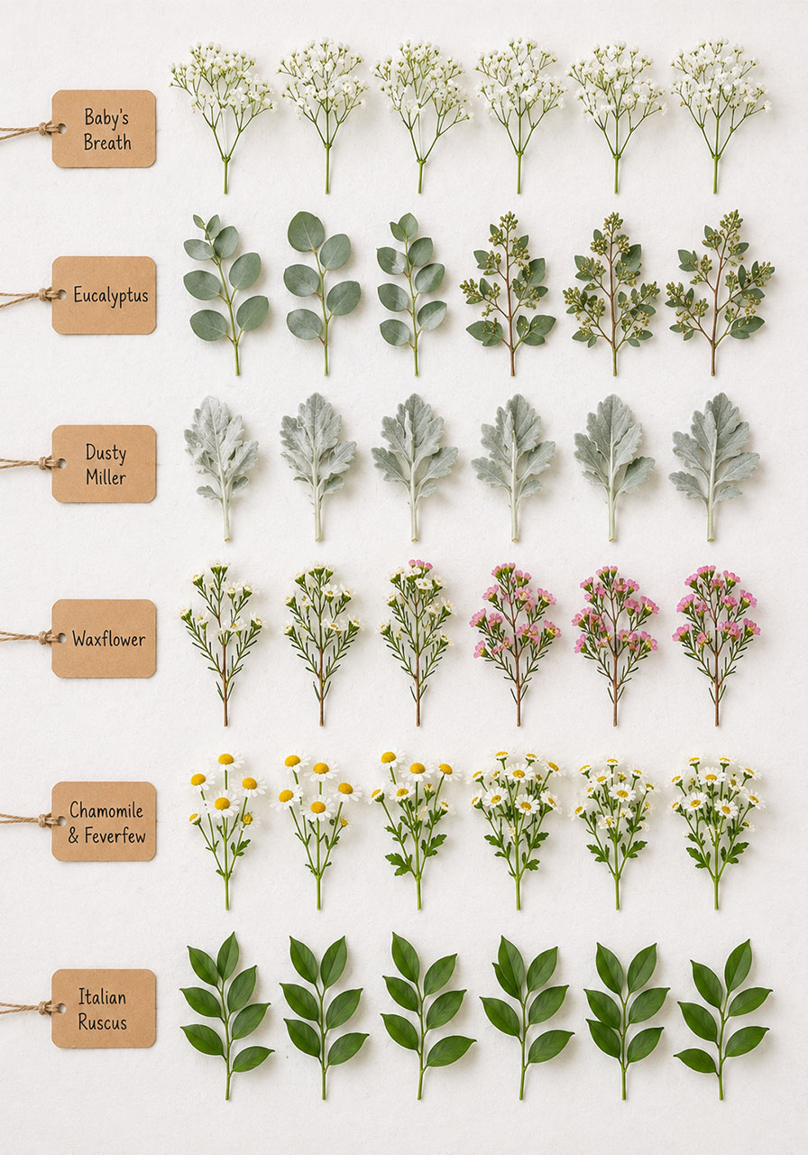 Six filler and greenery options for bridal shower flower bar including eucalyptus baby's breath dusty miller and waxflower flat lay