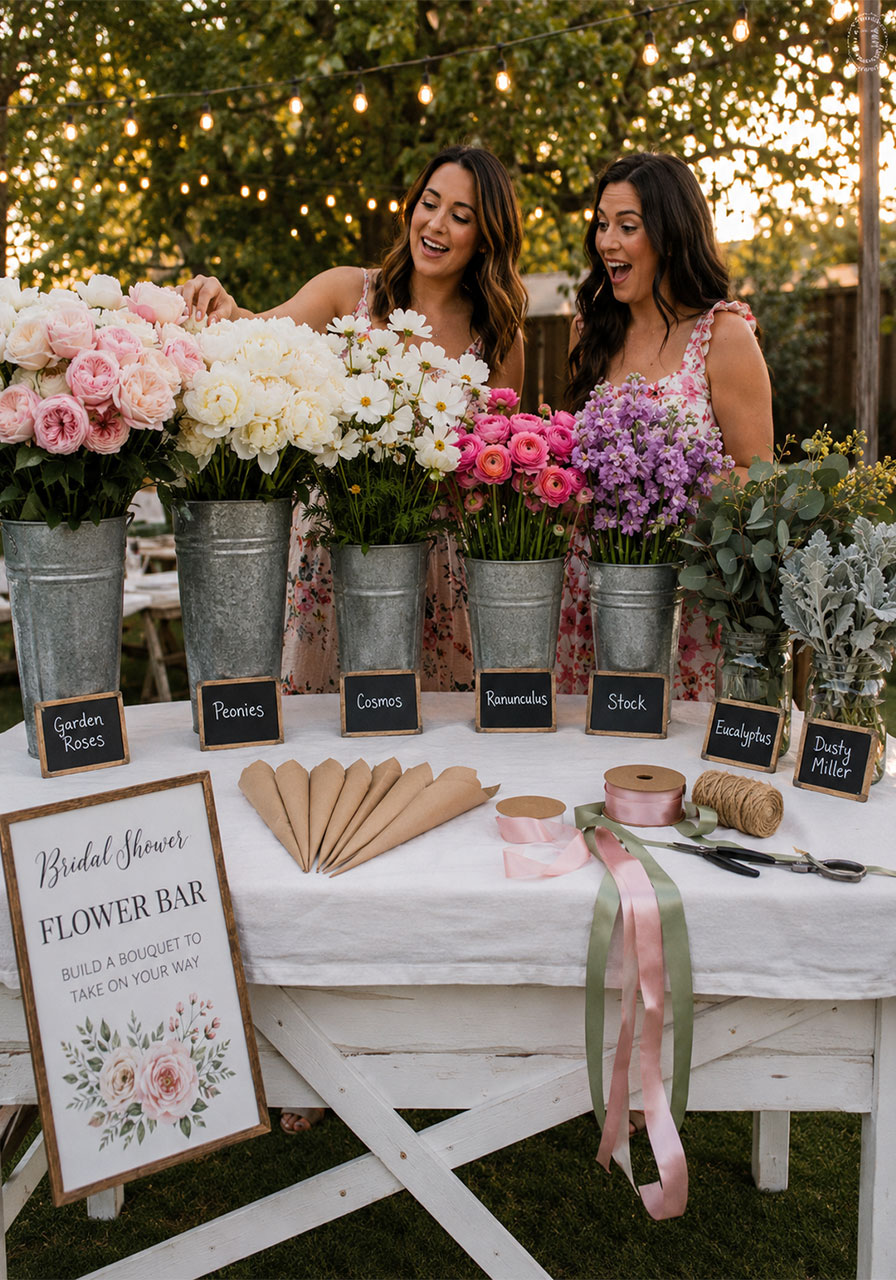 Full bridal shower flower bar setup with blush roses peonies and eucalyptus in galvanized buckets on white linen farmhouse table