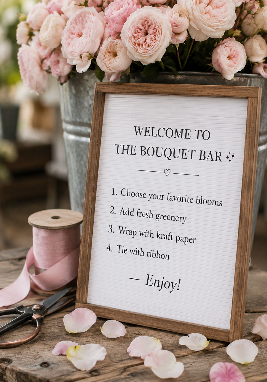 DIY bridal shower flower bar instruction sign in wooden frame with build your own bouquet steps and roses in background