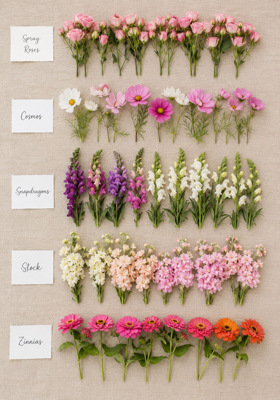 Five secondary flower options for bridal shower flower bar including spray roses cosmos snapdragons stock and zinnias flat lay