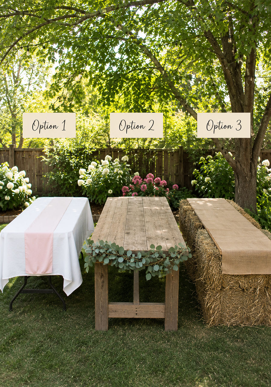 Three flower bar table surface options showing white folding table farmhouse wood and hay bale setup for bridal shower