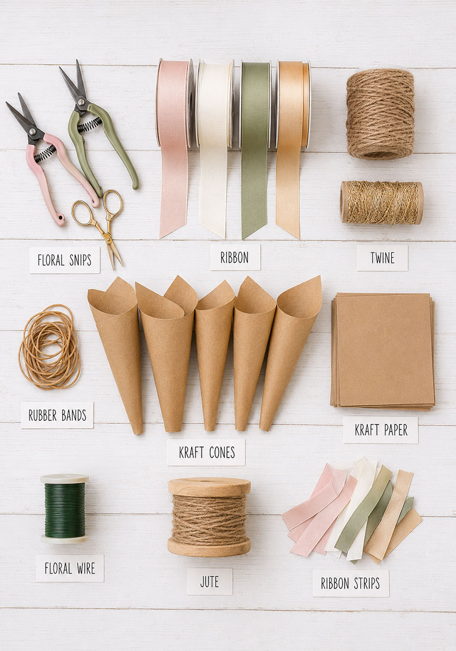 Complete bridal shower flower bar wrapping supplies flat lay showing scissors ribbon twine kraft paper cones and rubber bands