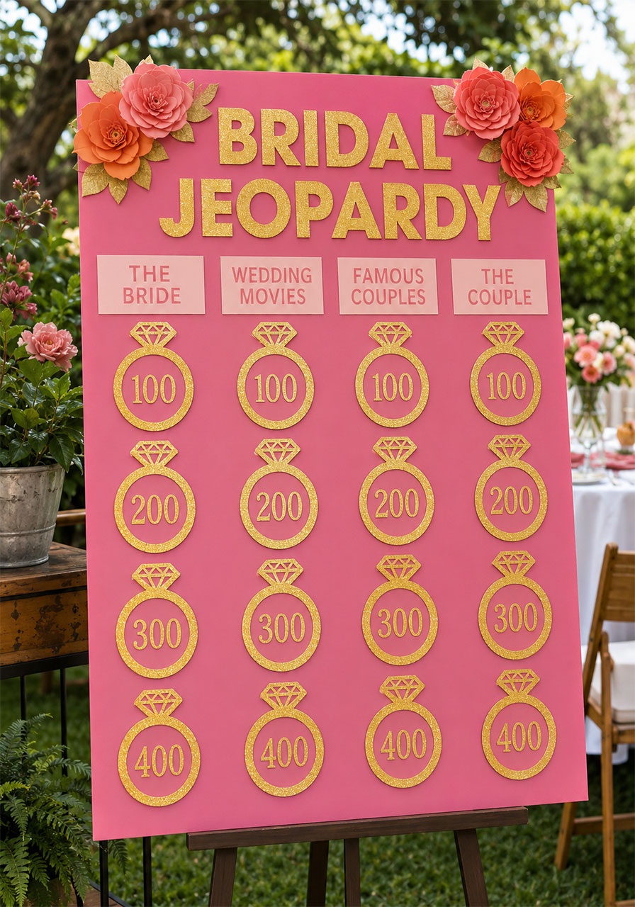 Handmade bridal jeopardy game board with pink and gold ring-shaped point tokens and categories including the bride and famous couples