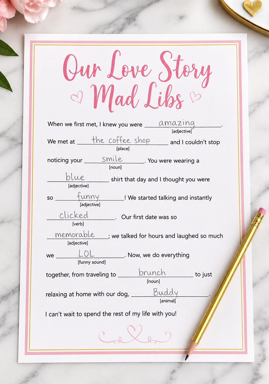 Bridal shower Mad Libs love story activity sheet with fill in the blank story and gold pencil – fun bridal shower game idea
