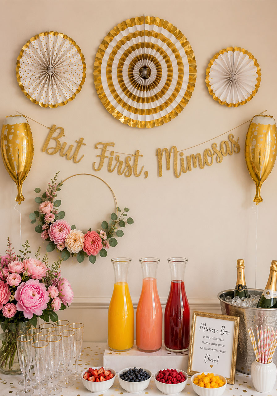 Gold "But First Mimosas" banner with paper fans and floral hoop backdrop for a bridal shower mimosa bar