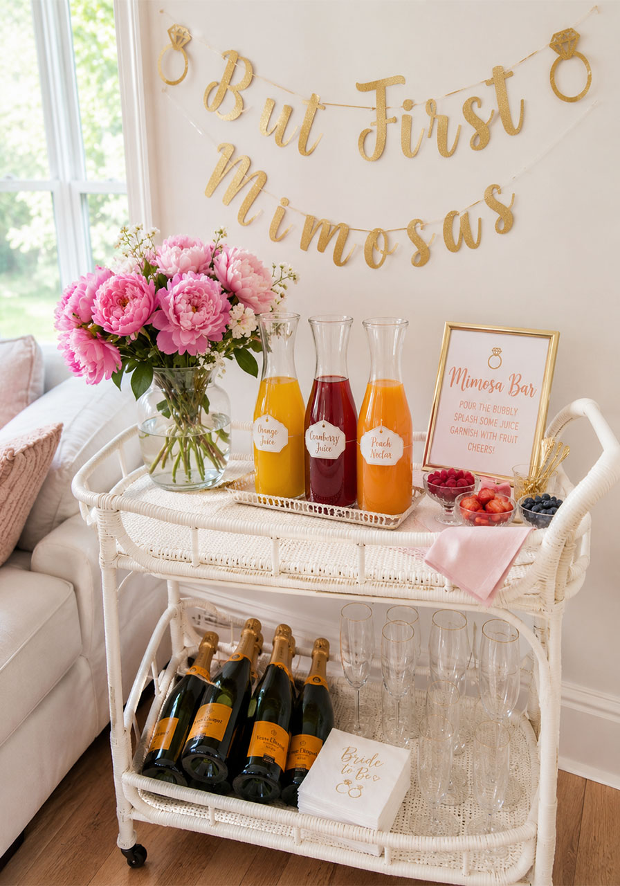 White bar cart fully styled as a bridal shower mimosa bar with carafes, flowers, banner, and champagne