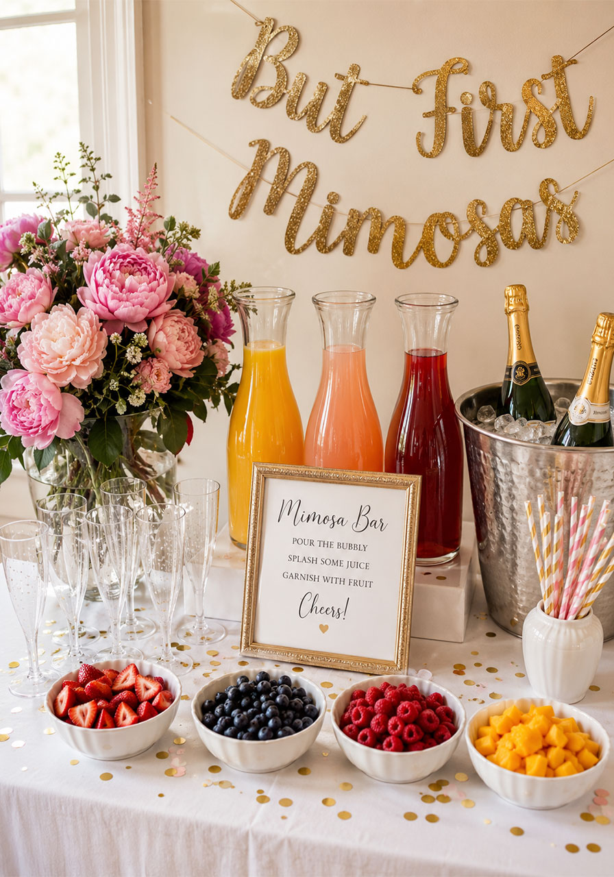 Complete bridal shower mimosa bar setup with carafes, champagne, fresh fruit, and gold banner on white table