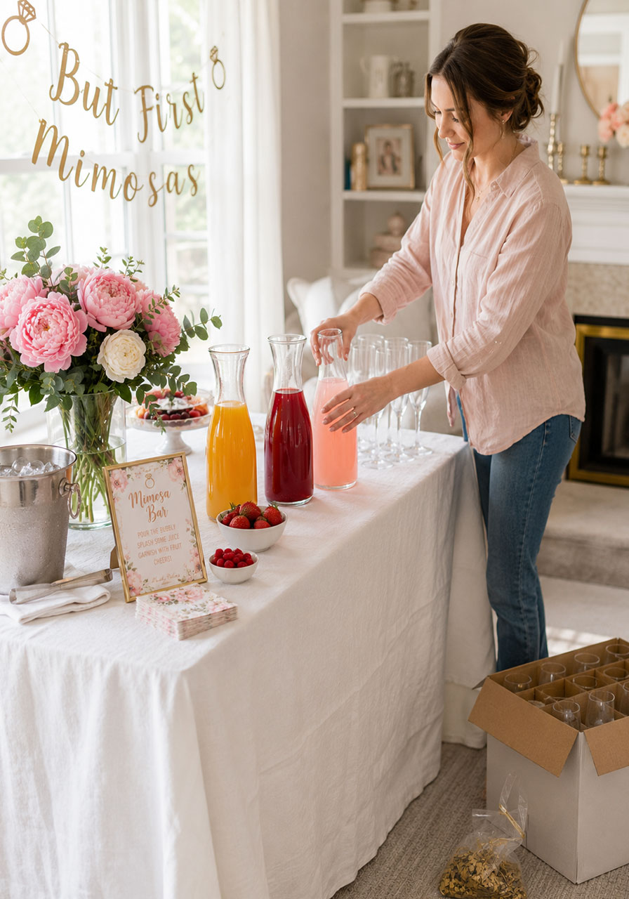 Woman setting up a bridal shower mimosa bar step by step, placing colorful juice carafes on a white linen table