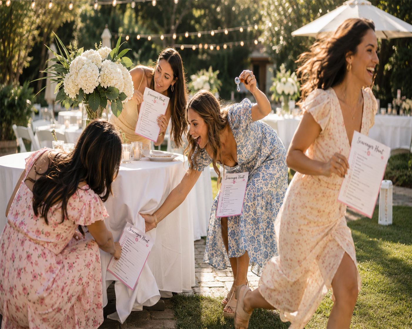 Bridal shower guests racing through an outdoor scavenger hunt, searching under tables and behind flower arrangements