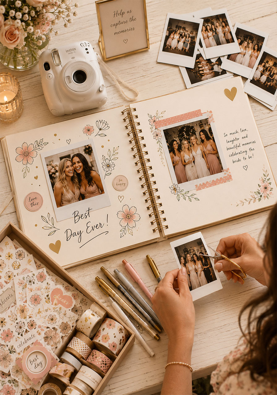 Bridal shower scrapbook activity with an open decorated album showing Polaroid photos, handwritten notes, colorful stickers, and washi tape borders on a white table
