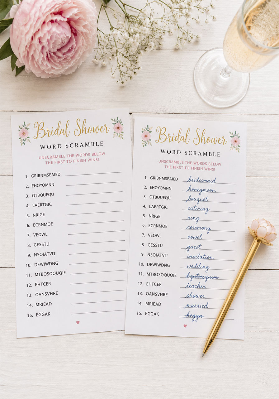 Printed bridal shower word scramble game sheets side by side showing blank and partially completed versions with a gold pen
