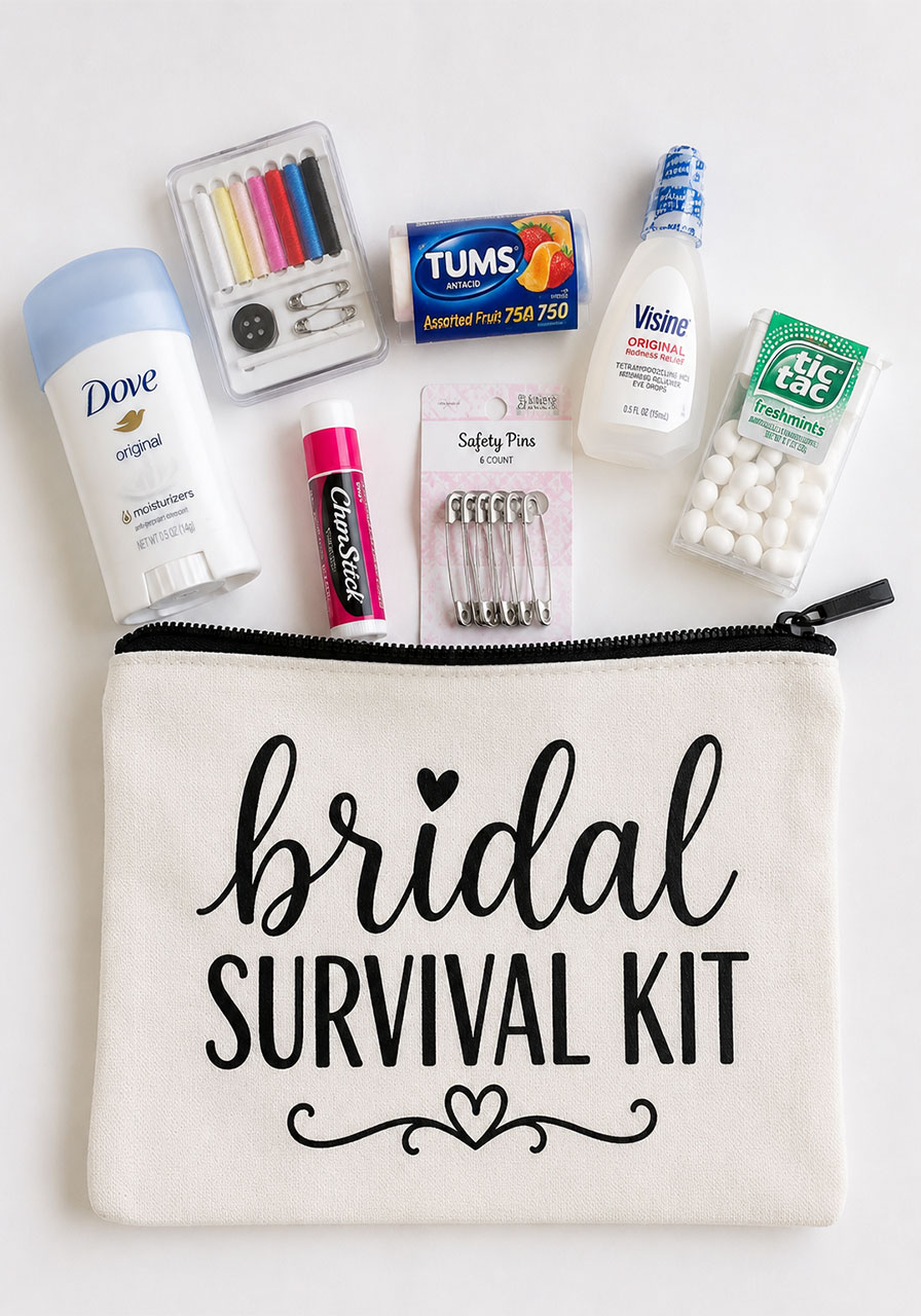 DIY bridal survival kit canvas bag made with Cricut iron-on vinyl — personalized bridal shower gift idea for the bride