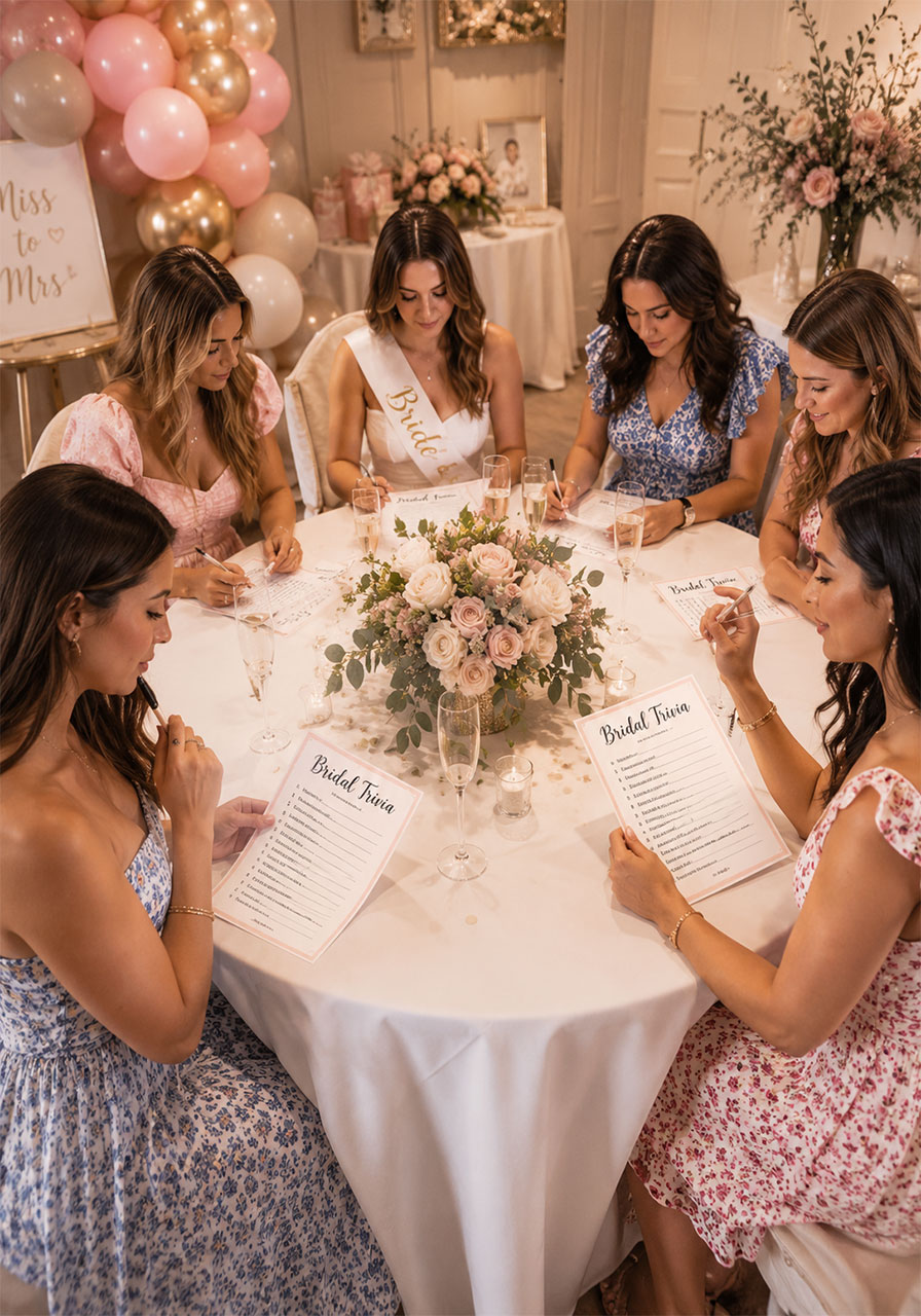 Bridal shower guests filling out bridal trivia game sheets at a decorated round dining table with roses and champagne