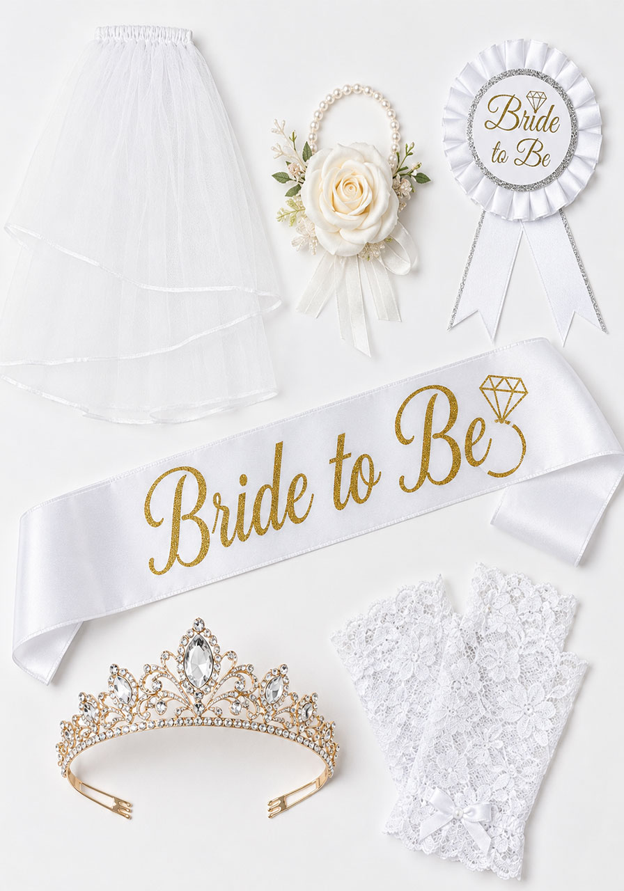 Bride to Be accessories set flat lay including tiara, sash, veil, lace gloves, and floral corsage for bridal shower