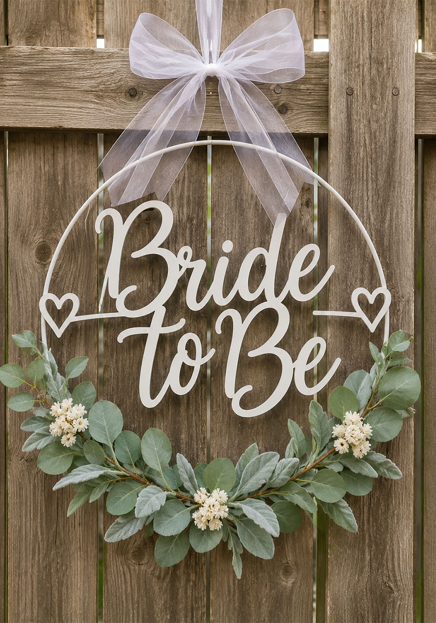 "Bride to Be" DIY hoop wreath with Cricut-cut lettering and eucalyptus — boho bridal shower decoration idea