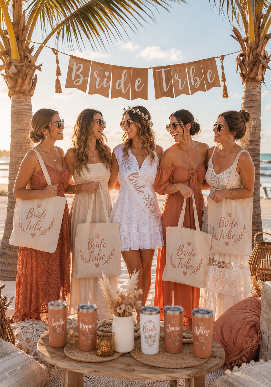 Bride Tribe bachelorette party decorations on the beach with custom tote bags and personalized tumbler cups