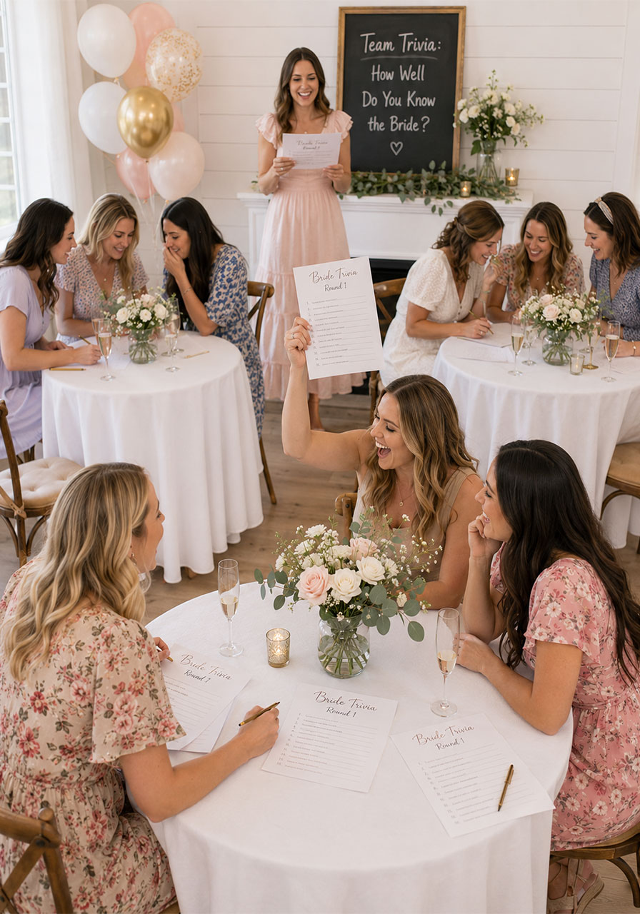 Team bride trivia game in progress with guests and MC at bridal shower party