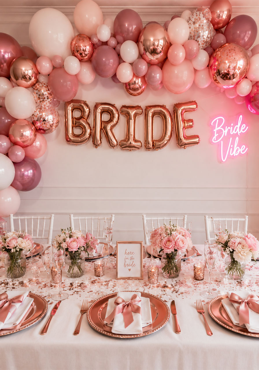 Bride Vibe bachelorette party decorations with rose gold balloon garland, neon sign, and blush table setting