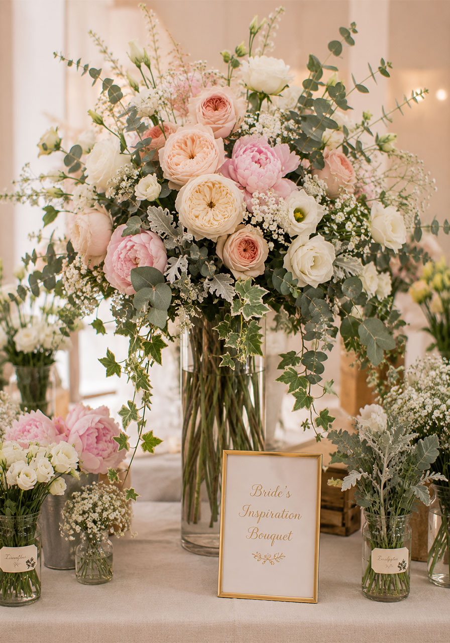Bride's inspiration centerpiece bouquet arrangement on bridal shower flower bar with garden roses peonies eucalyptus and trailing ivy