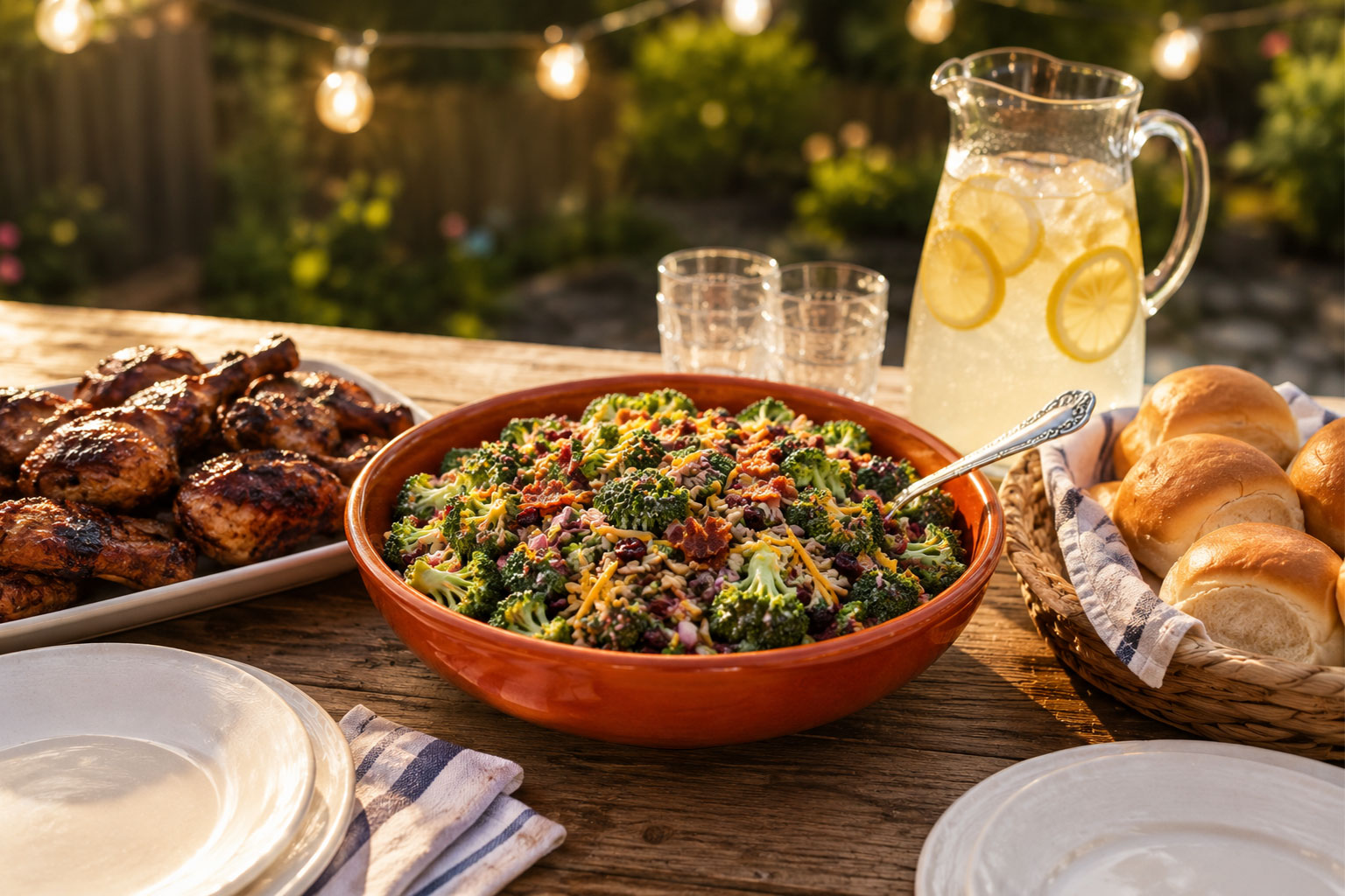 Broccoli bacon salad served at a backyard BBQ party table