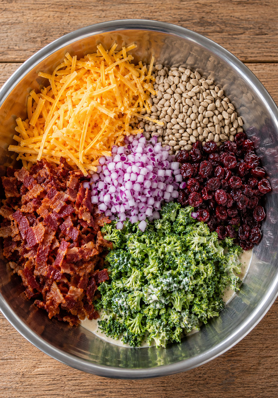 Broccoli, bacon, cheese, and cranberries layered in a bowl before tossing salad