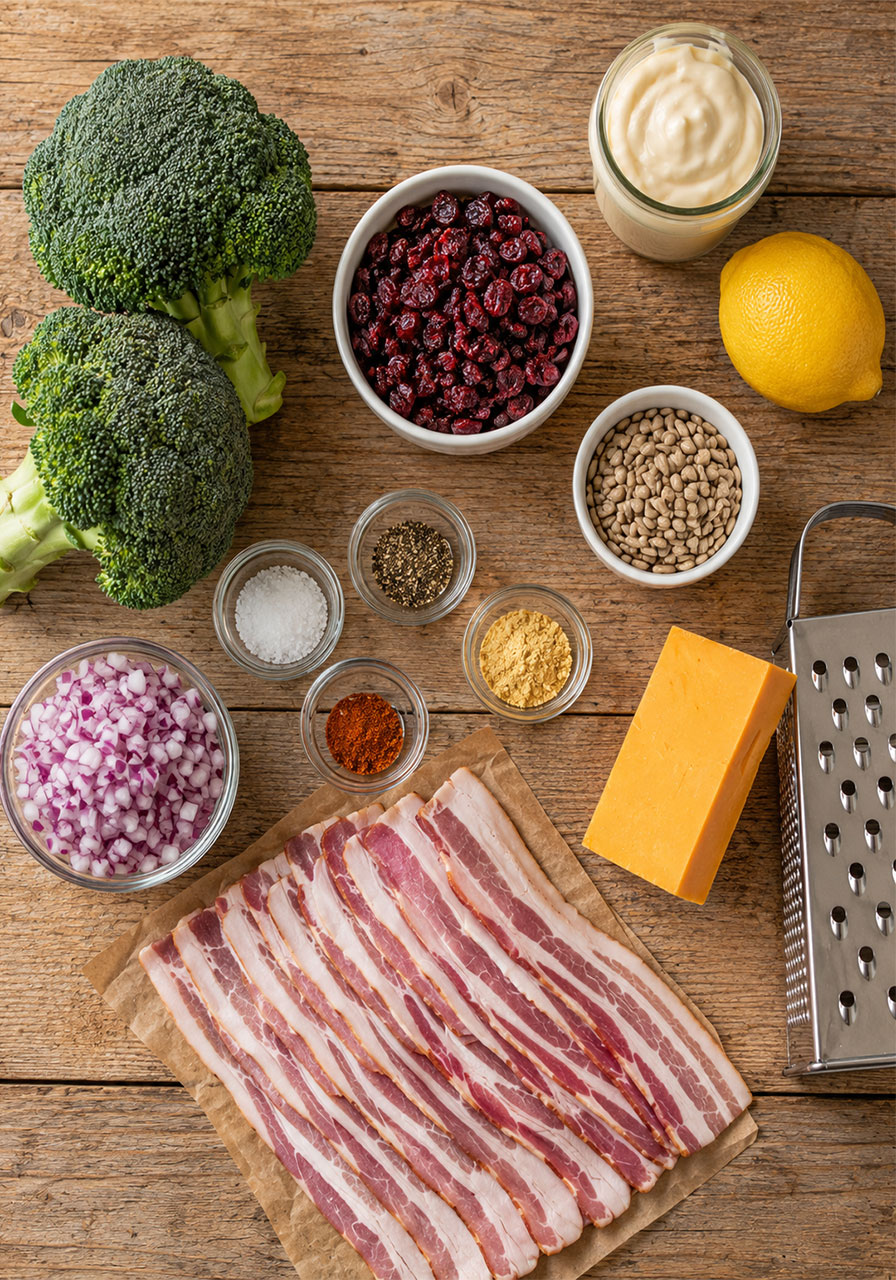 Raw ingredients for broccoli bacon salad recipe including broccoli, bacon, cranberries, and cheddar