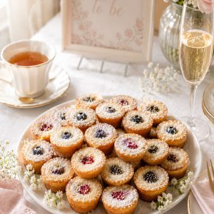 Brown butter berry tea cakes on a party platter styled alongside tea and champagne for a bridal shower or Mother's Day brunch