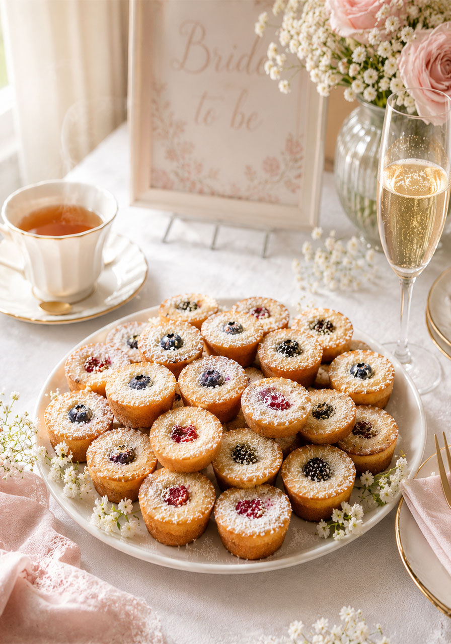 Brown butter berry tea cakes on a party platter styled alongside tea and champagne for a bridal shower or Mother's Day brunch
