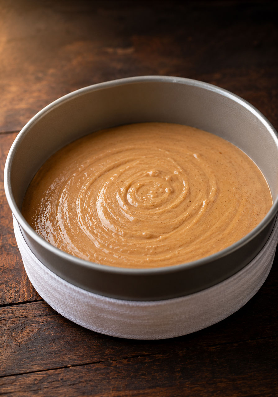 Brown sugar chai cake batter poured into a 9-inch cake pan wrapped with damp cake strips before baking