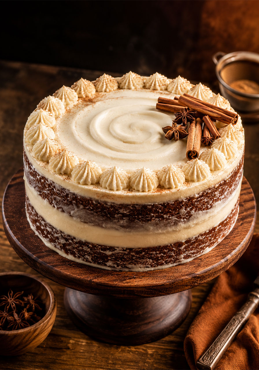 Brown sugar chai cake with cream cheese frosting on a rustic wooden cake stand decorated with cinnamon sticks and star anise
