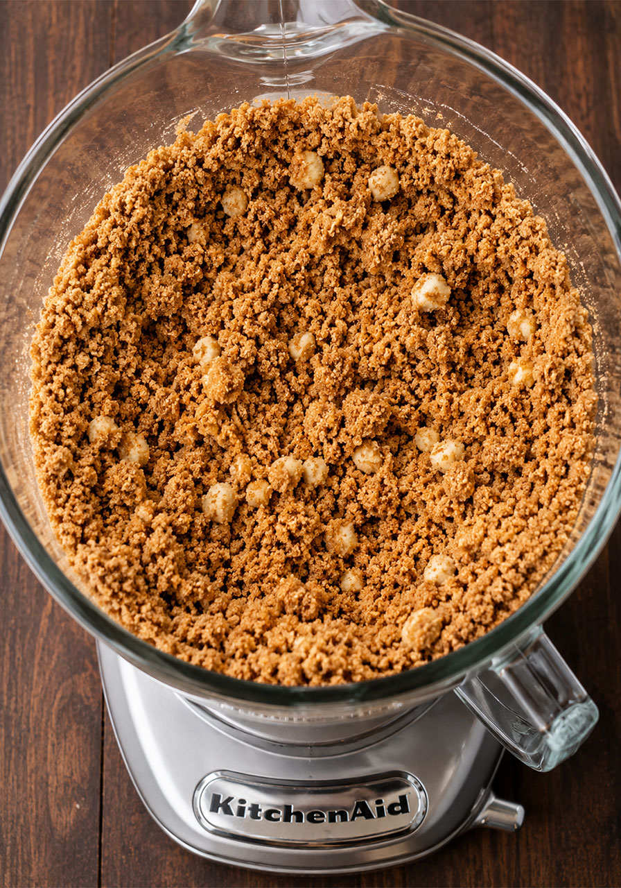 Brown sugar chai cake dry ingredients mixed with butter in a stand mixer bowl showing wet sand texture