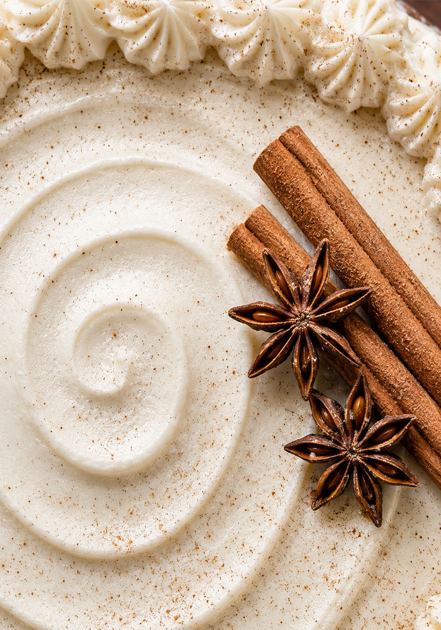 Close-up of brown sugar chai cake top showing cream cheese frosting swirl, piped rosettes, cinnamon sticks, and star anise