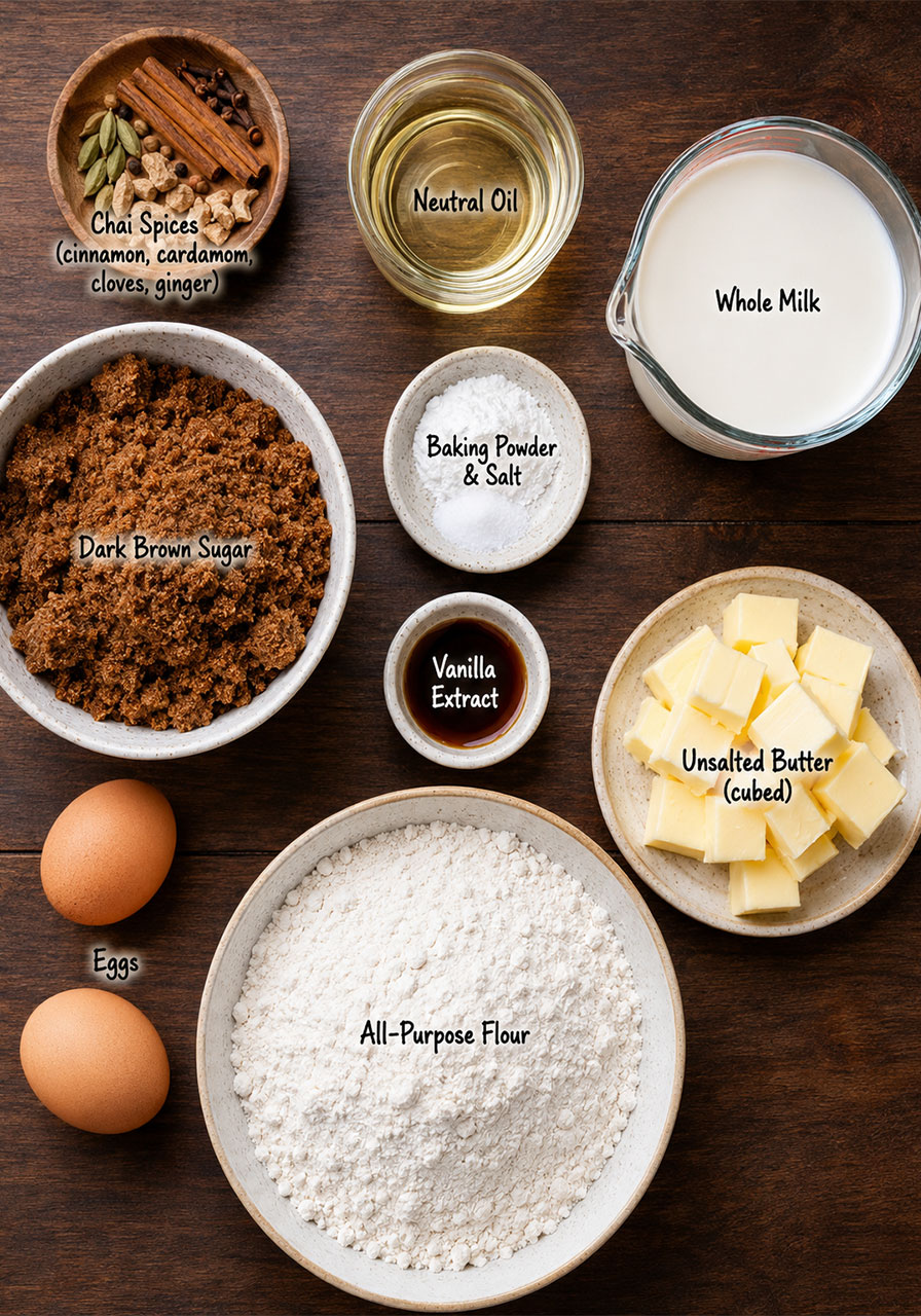 All ingredients for brown sugar chai cake laid out in bowls including dark brown sugar, chai spices, flour, butter, eggs, milk, and oil