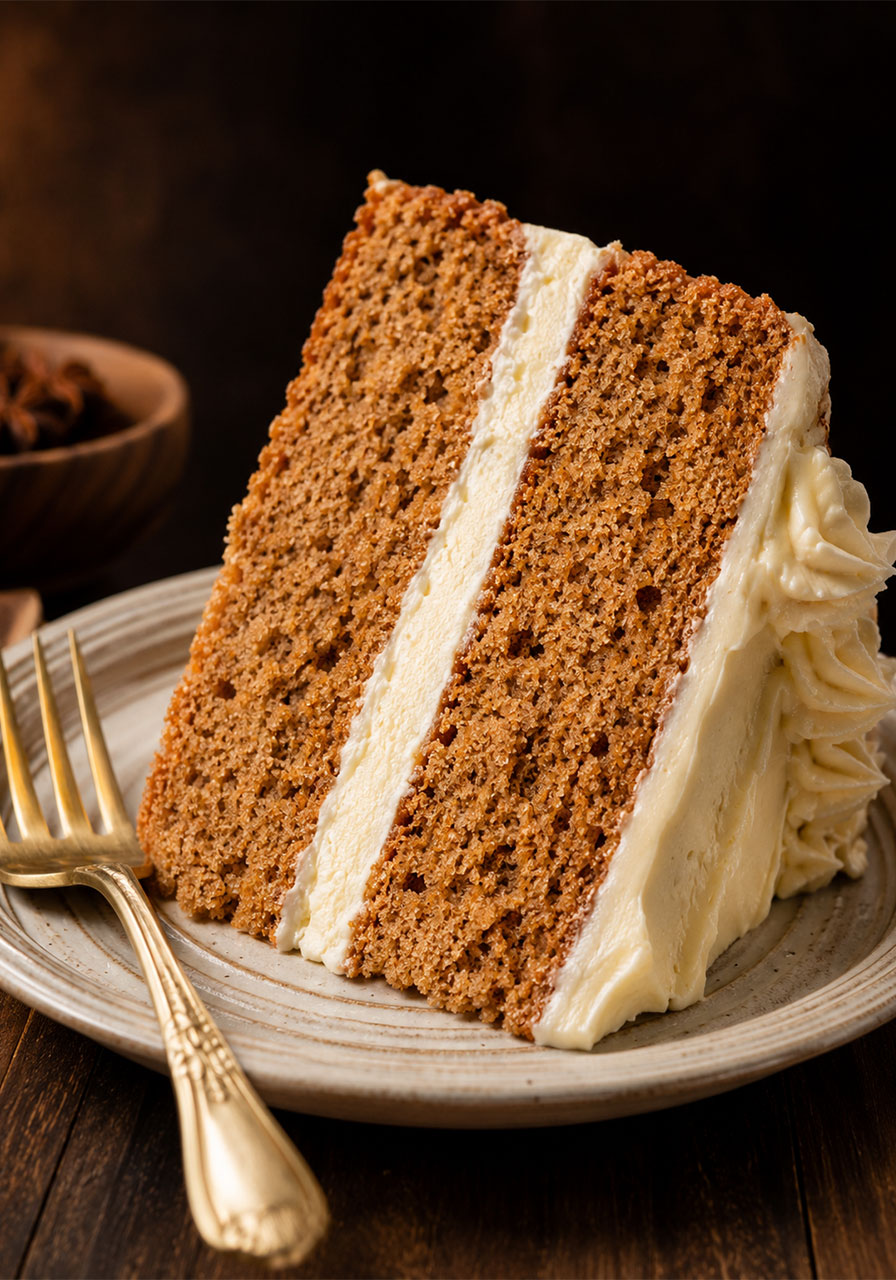 Single slice of brown sugar chai cake showing two moist spiced layers with cream cheese frosting filling on a ceramic plate