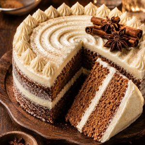 Brown sugar chai cake sliced open on a party table showing moist spiced layers and cream cheese frosting
