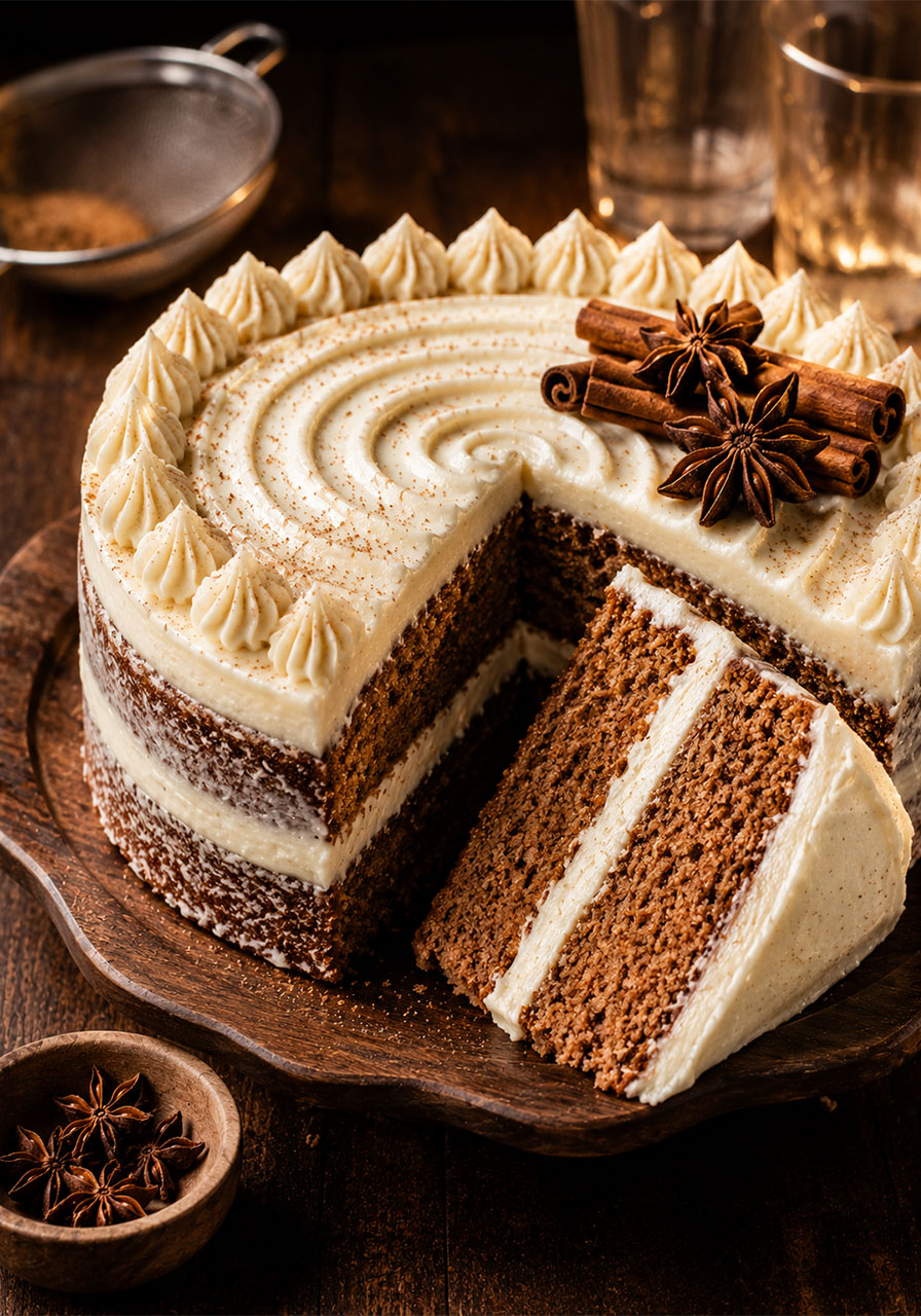 Brown sugar chai cake sliced open on a party table showing moist spiced layers and cream cheese frosting