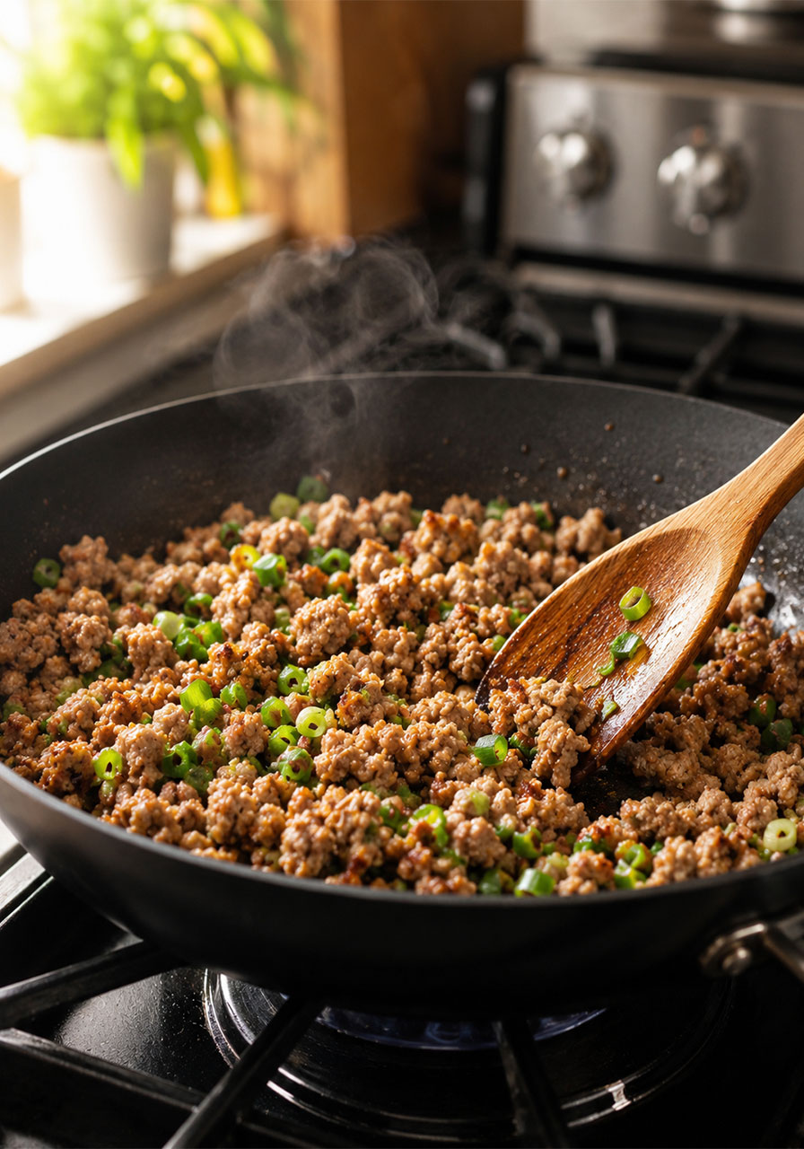 Ground pork browning in skillet with green onions for potsticker noodle bowl recipe step by step