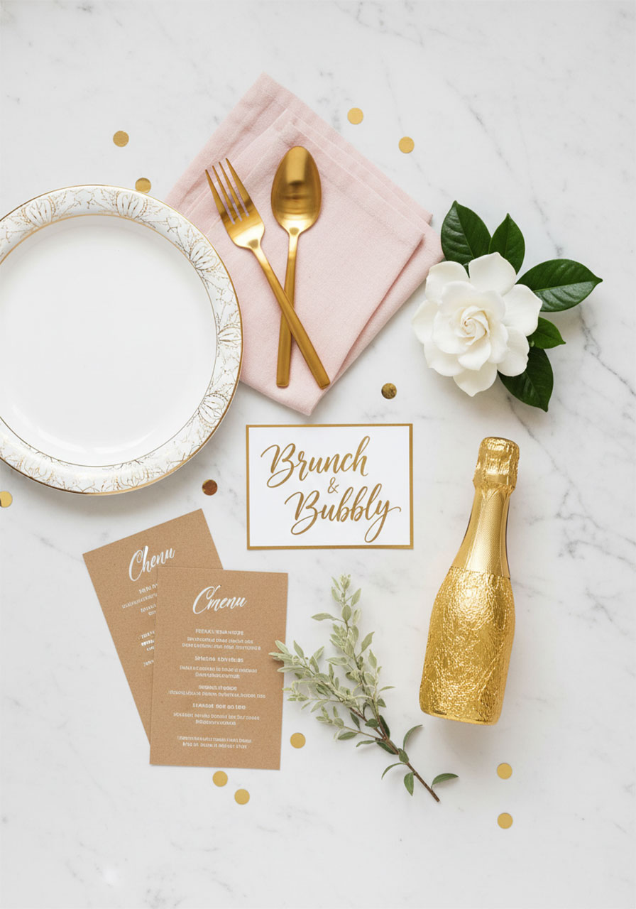 Brunch and Bubbly bridal shower theme flat lay with gold paper plates, champagne, and floral accents on a budget
