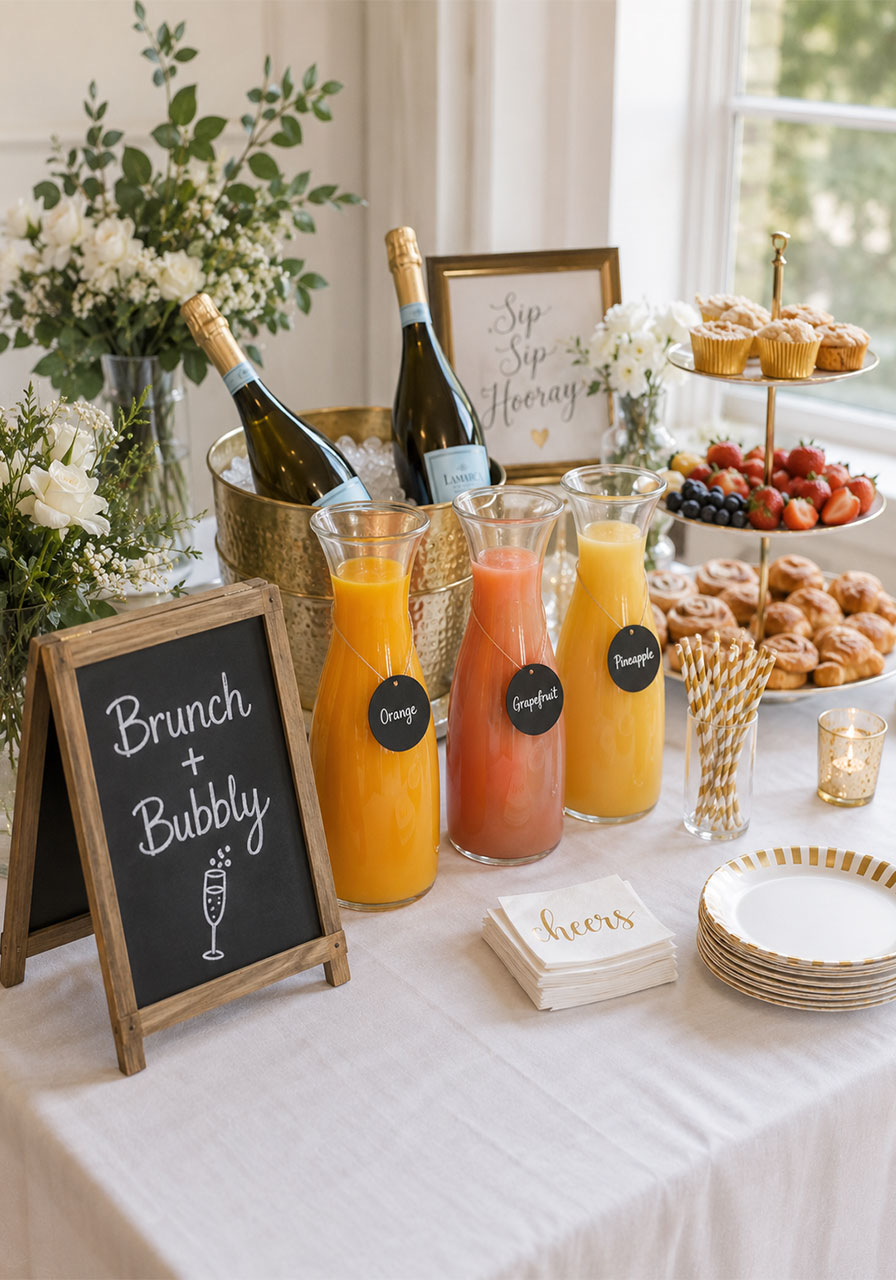Brunch and bubbly chalkboard sign at styled mimosa bar station with juice carafes and prosecco for bridal shower