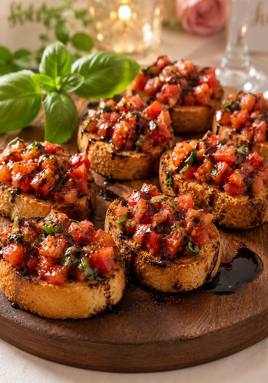 Classic bruschetta on toasted baguette rounds with diced tomatoes, basil, and balsamic glaze on a wooden board for a bridal shower appetizer