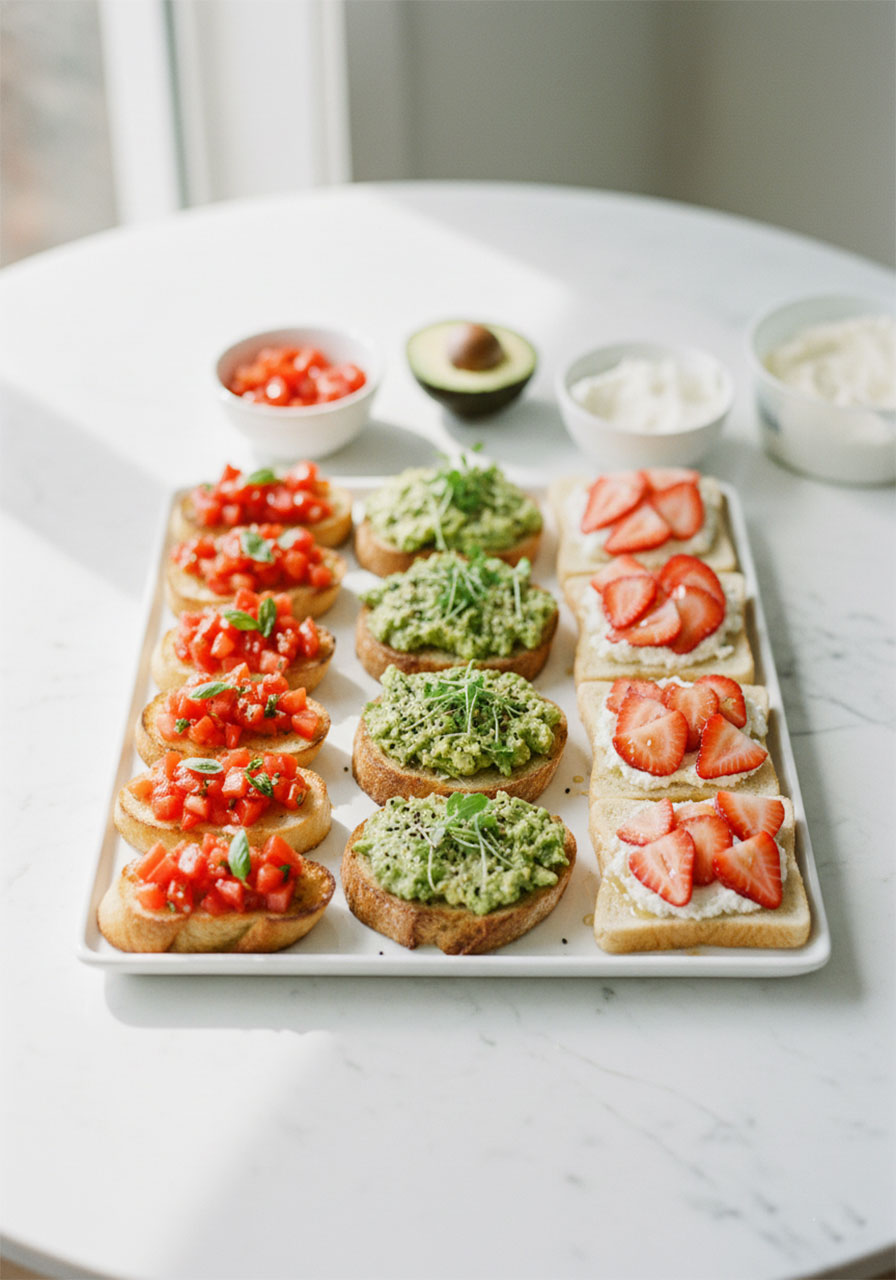 Bruschetta avocado toast and ricotta strawberry open-face toasts for bridal shower brunch spread
