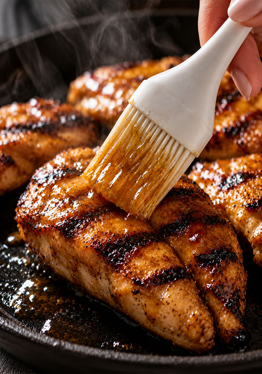 Brushing golden honey glaze over freshly grilled Hawaiian chicken tenderloins with a silicone pastry brush