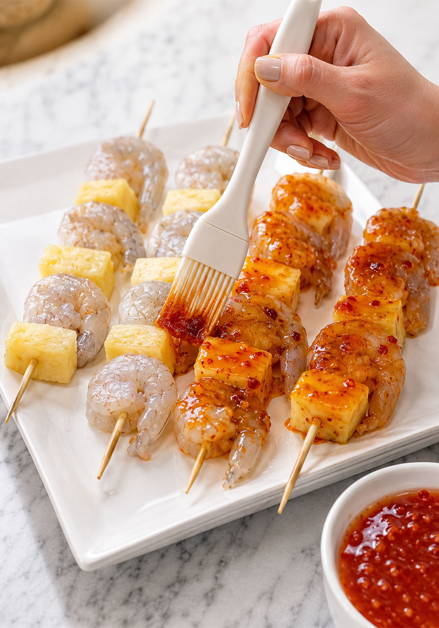 Brushing sweet chili sambal glaze onto pineapple shrimp skewers with a silicone pastry brush before grilling