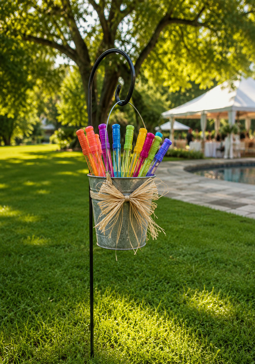 Colorful bubble wands in a galvanized bucket on a shepherd's hook as a fun activity station for a Key West summer party