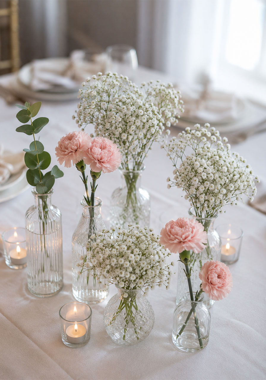 Cluster of clear bud vases with white baby's breath and soft pink carnations as a simple elegant bridal shower table centerpiece